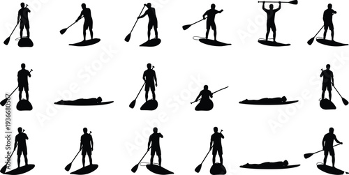 Stand up paddle boarding silhouettes collection with people paddling, surfing and balancing on SUP boards, water sport activity icons isolated on white background