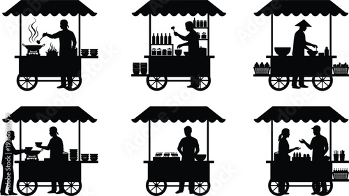 Street food vendor cart silhouettes set with people cooking, serving and selling food at market stalls, mobile street kitchen and food service concept