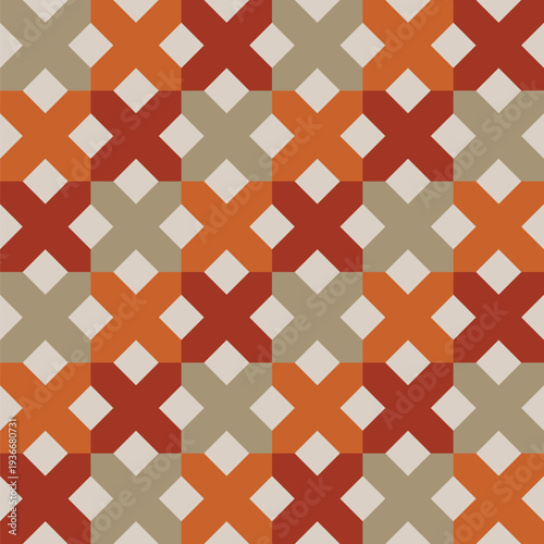Seamless weave pattern created from khaki, orange and brown crosses on a pale grey background