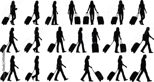 Woman traveler silhouettes walking with rolling suitcase luggage, female passenger airport travel poses collection isolated on white background vector illustration set