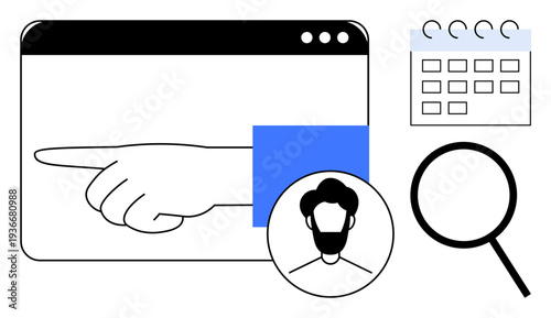 Hand pointing inside browser window alongside a user profile icon, calendar, and magnifying glass. Ideal for user interface, web navigation, planning, scheduling, search tools, research simple flat