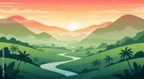 Serene tropical landscape with winding river lush green hills palm trees and majestic mountains at sunset