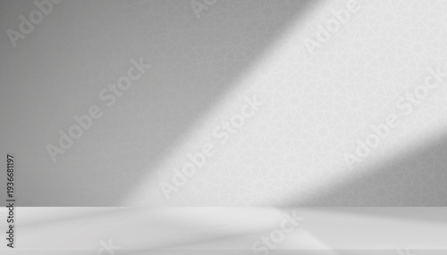 Eid al Fitr.Ramadan Kareem Background.Islamic pattern indoors Mosque design grey background with light,shadow casting arabesque geometric window shadow on wall.Minimal interior studio room.Eid Mubarak