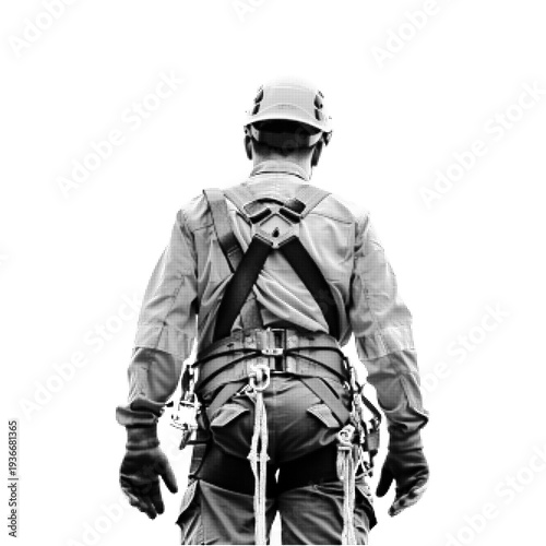 Industrial worker wearing safety helmet and harness viewed from back. Black halftone illustration representing construction, workplace safety, maintenance, and professional labor.