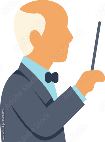 Senior male conductor wearing a tuxedo and bow tie directing music