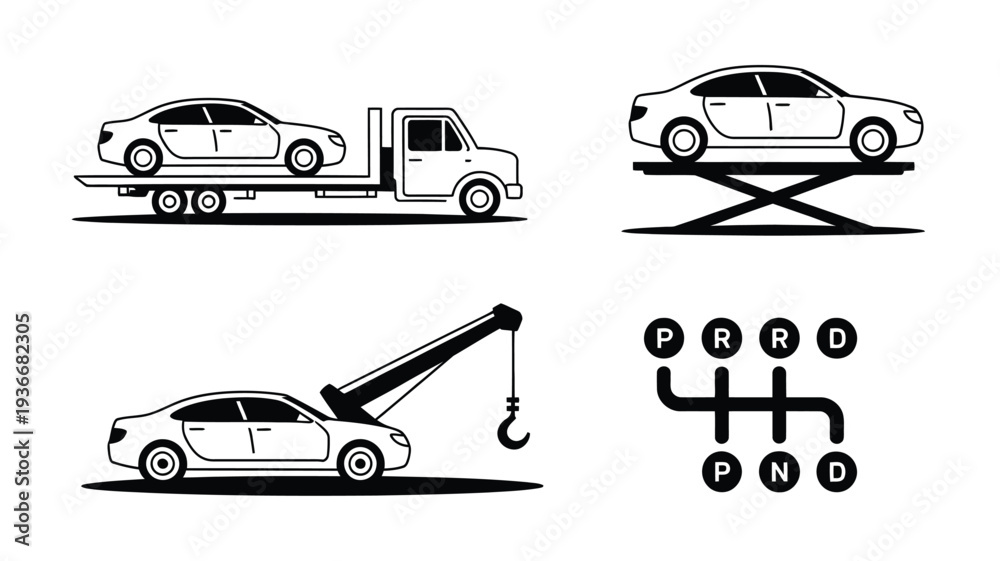 Naklejka premium Car vector icons including tow truck and gear shift illustrations