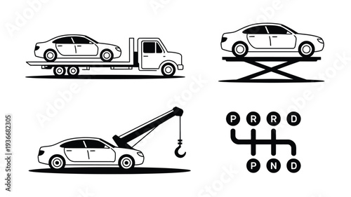 Car vector icons including tow truck and gear shift illustrations