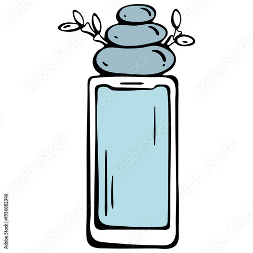 Digital minimalism with zen mode. Phone and meditation stones, smartphone with balance pebbles and plant, hand drawn doodle style.