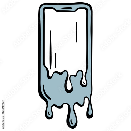 Digital burnout and information overload icon, melting smartphone screen, hand drawn doodle style.