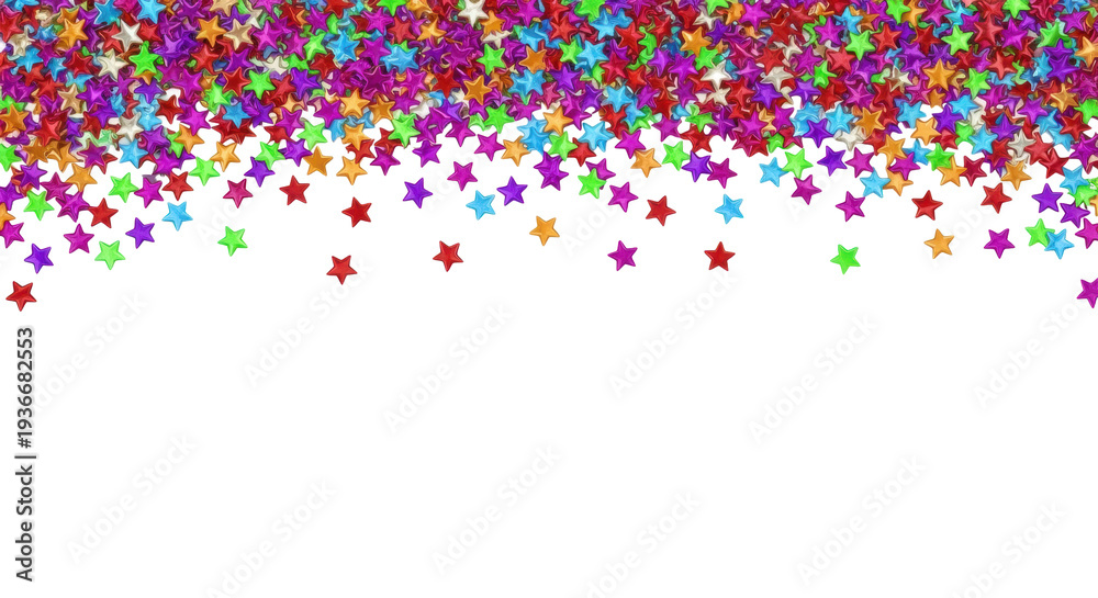 Obraz premium thousands of sharp, glossy metallic star confetti in saturated colors (red, purple, green, blue) falling from the top edge onto a transparent background with copy space. concept for celebratory