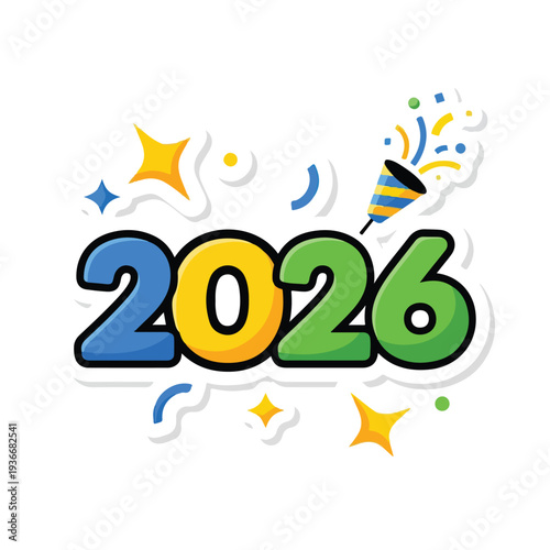 Vibrant New Year 2026 Celebration Illustration with Confetti and Stars