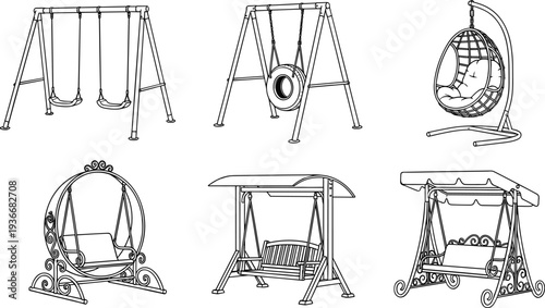 Black and white line of various outdoor swings playground swings porch swings hanging chair