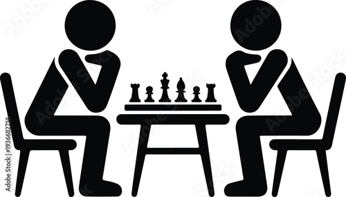 Two silhouette figures thoughtfully engaged in a strategic game of chess at a small table