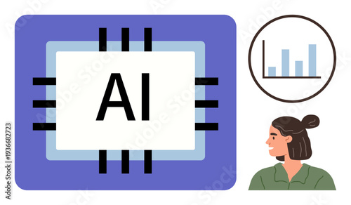 Artificial intelligence, data analysis, technology education, innovation, machine learning, workplace diversity. An AI chip, a bar graph and a woman in profile. Artificial intelligence and data