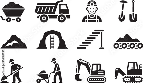 A collection of twelve black silhouette icons representing various mining and construction equipment