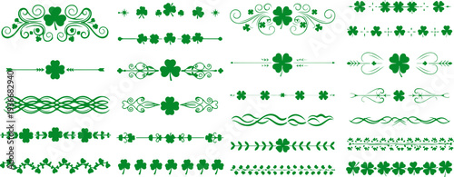 Green shamrock clover divider borders vector set for Saint Patrick's Day decorations. Decorative trims with shamrock leaves, swirl lines and lucky horseshoe elements for festive greeting cards
