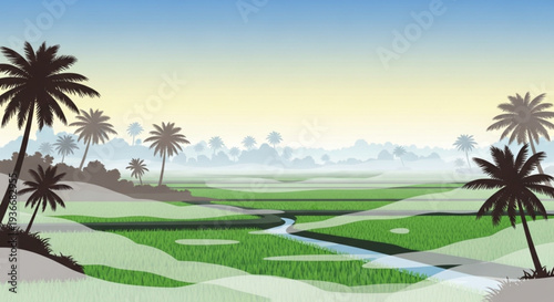 Serene tropical landscape with winding stream through green fields and palm trees at sunset or sunrise