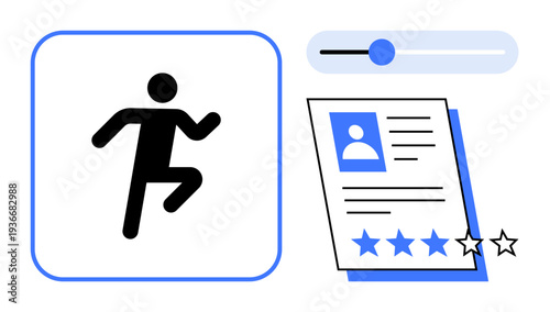 Person icon in motion, profile card with photo, star rating system, slider for feedback. Ideal for fitness, performance review, goals tracking, feedback, HR tools productivity simple flat metaphor