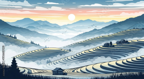 Serene mountain landscape with terraced rice fields at sunrise misty valleys and distant mountains under a vibrant sky