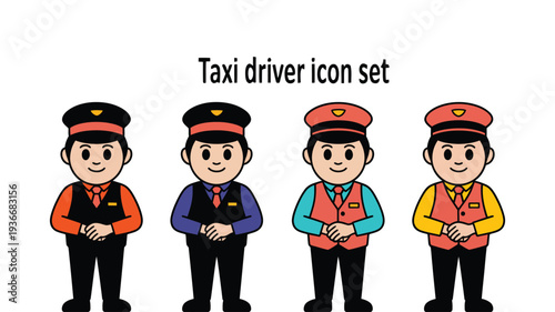 Taxi driver icon set in different uniforms and poses