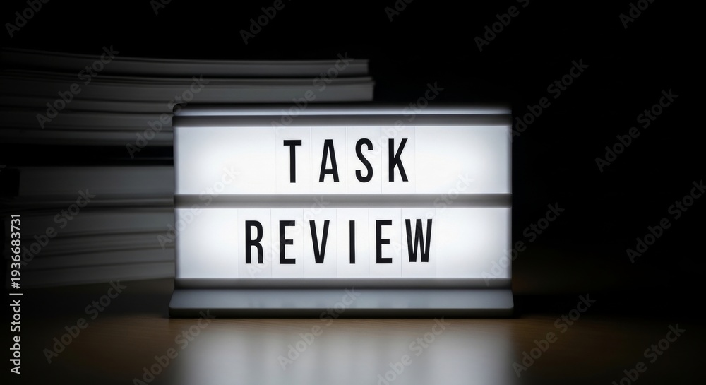 Fototapeta premium Task Review Lightbox Sign with Stacked Documents, Business Planning Concept