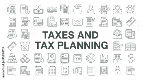 Taxes and tax planning illustration with various icons and graphics