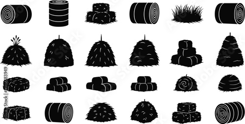 Black and white of hay bales and stacks haystacks agriculture