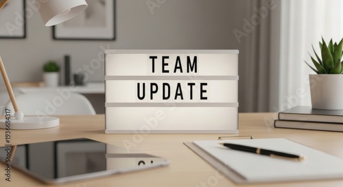 Team Update Announcement on Lightbox in Bright Modern Office Workspace