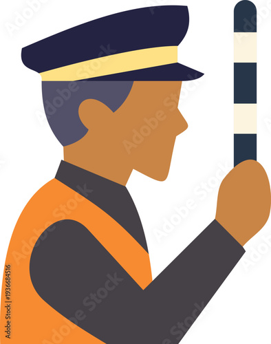 Traffic officer wearing uniform and vest holding a striped baton