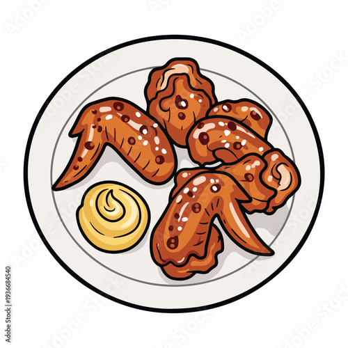 Illustration of assorted chicken wings served with dipping sauce on a plate viewed from directly above