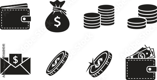 Money and Finance Icons: Wallet, Bag of Money, Coins, Envelope, and Cash for Business Concepts