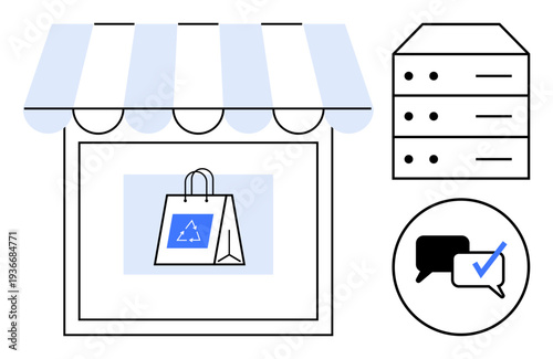 Shopfront with a recycling symbol on a shopping bag, server icon, and approved dialogue. Ideal for sustainability, e-commerce, cloud storage, technology, communication, retail simple flat metaphor