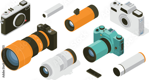 Isometric camera and photography gear collection with DSLR mirrorless lenses compact cameras professional photo equipment illustration set