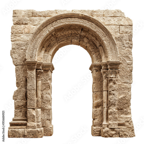 Ancient stone archway ruins, weathered beige masonry portal, medieval architectural element for history design isolated on Transparent Background