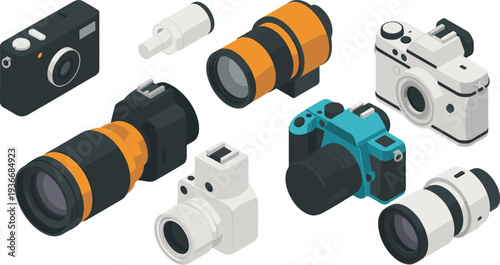 Isometric camera and photography equipment set with DSLR mirrorless lenses compact cameras professional photography gear illustration collection