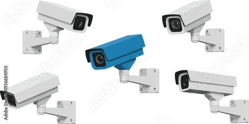 Isometric CCTV security camera set with wall mounted surveillance devices, modern monitoring technology system for safety protection illustration