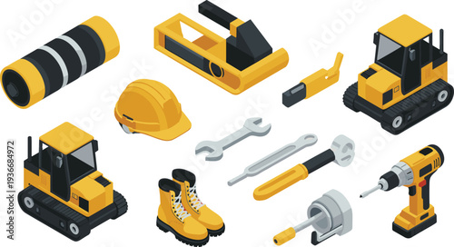 Isometric construction equipment and tools set with excavators drill safety helmet boots wrench and engineering machinery illustration collection