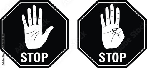 Black and white stop signs with hand gestures palm fingers