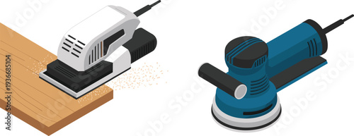 Isometric electric sanders set with orbital and finishing wood sanding machines for carpentry woodworking surface polishing illustration