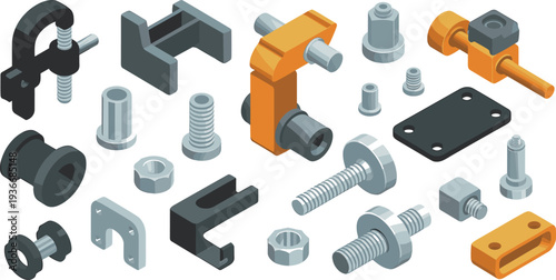 Isometric industrial fasteners and mechanical hardware set with bolts nuts brackets clamps and metal components engineering illustration collection