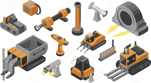 Isometric industrial machines and factory equipment set with robots scanners conveyors and automated manufacturing technology illustration collection