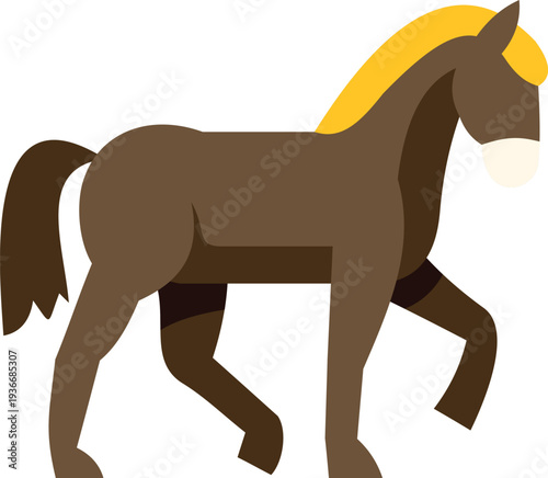 Brown horse with yellow mane in flat design style on a white background