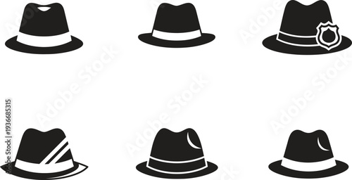 Collection of Classic Fedora Hat Icons in Various Styles, Vector Art for Fashion