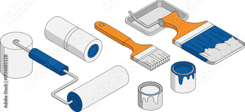 Isometric painting tools set with paint rollers brushes scraper bucket and paint cans for home renovation and decoration illustration