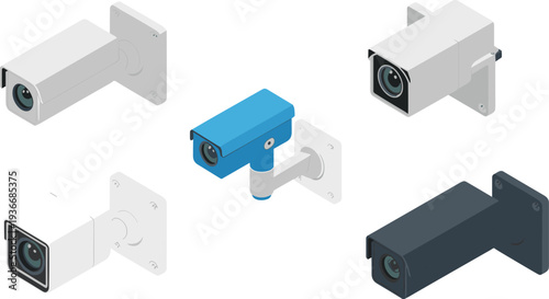 Isometric security camera collection with wall mounted CCTV surveillance devices, modern monitoring system technology illustration for safety protection