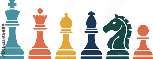 A vibrant collection of stylized chess pieces including king, queen, knight, and pawn on a white field