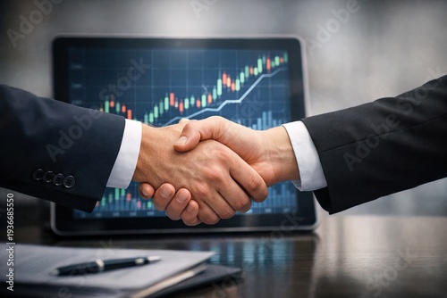 Successful Business Deal: Handshake in Front of Rising Financial Market Graph.