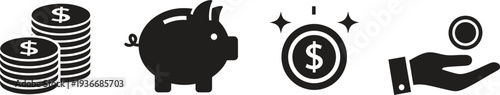 Money Saving Icons: Coins, Piggy Bank, Hand with Coin, Dollar