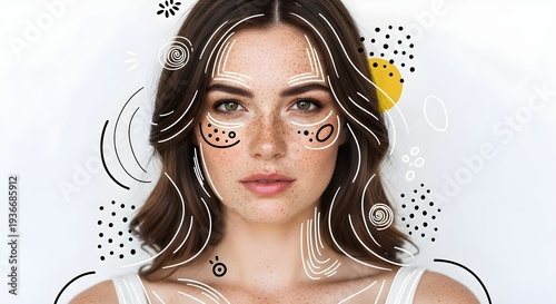 Young woman with freckles and abstract face art, representing skincare and beauty