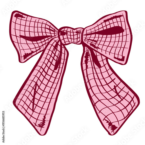 Pink coquette ribbon bow with mesh texture and long tails, romantic feminine accent for fashion, beauty, wedding stationery, gift wrapping, packaging, cards, invitations and prints in pastel y2k style